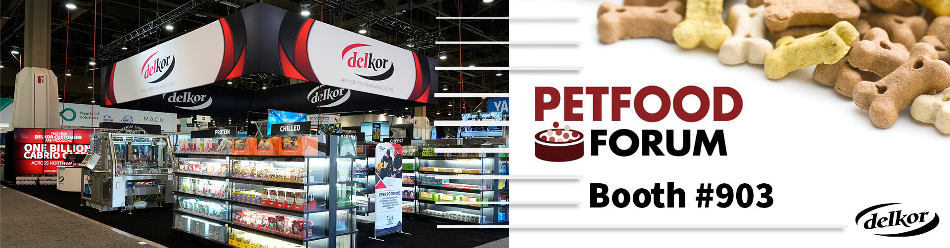 A colorful photo from a Delkor tradeshow booth is on the left, on the right, the Petfood Forum logo, the text 